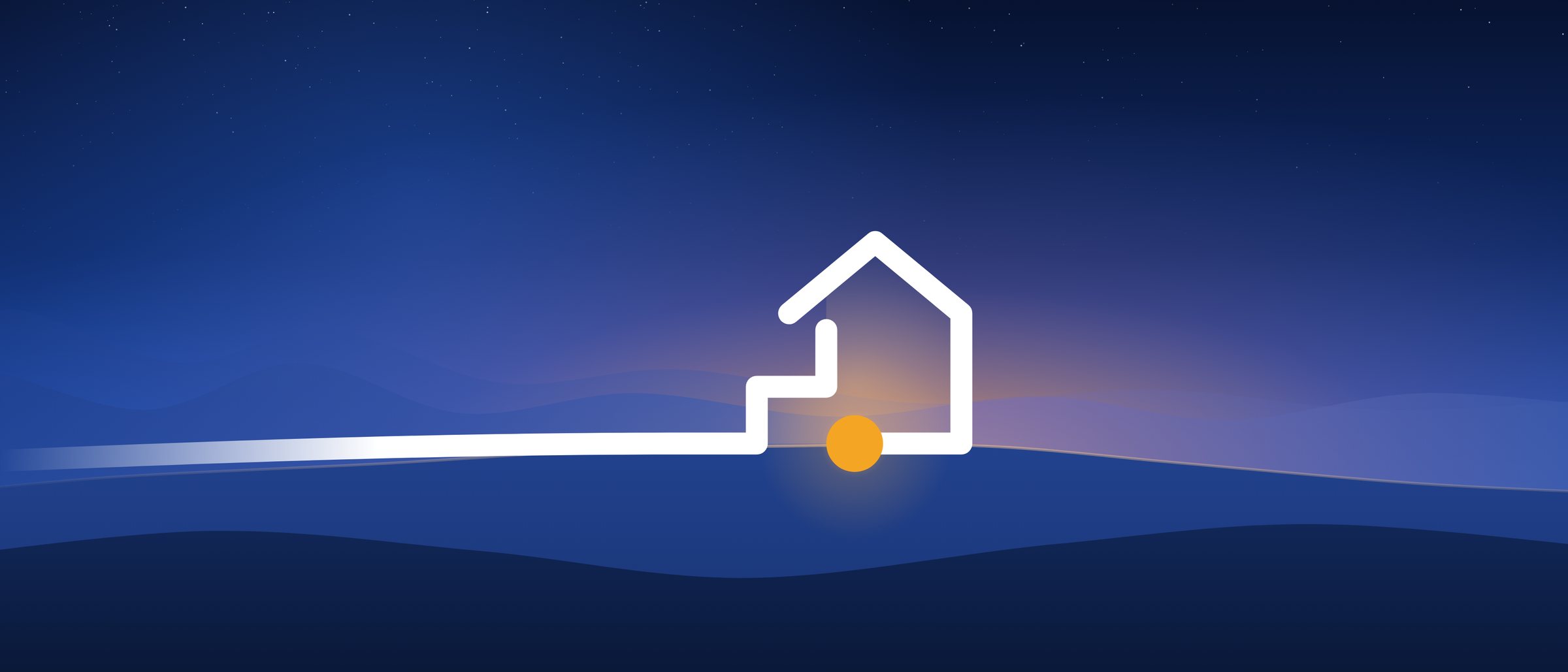 The route of the Rootstep icon as one white line over hills at the blue hour, ending in the house.